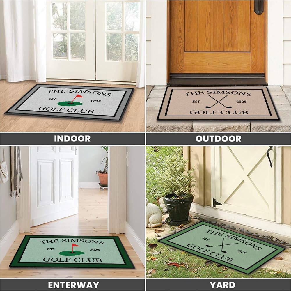 Custom Golf Club Doormat – Personalized Welcome Mat with Family Name & Est. Year – Green Putting Flag Design – Non Slip Outdoor Entry Rug for Porch, Garage, or Golf Lover Home Décor