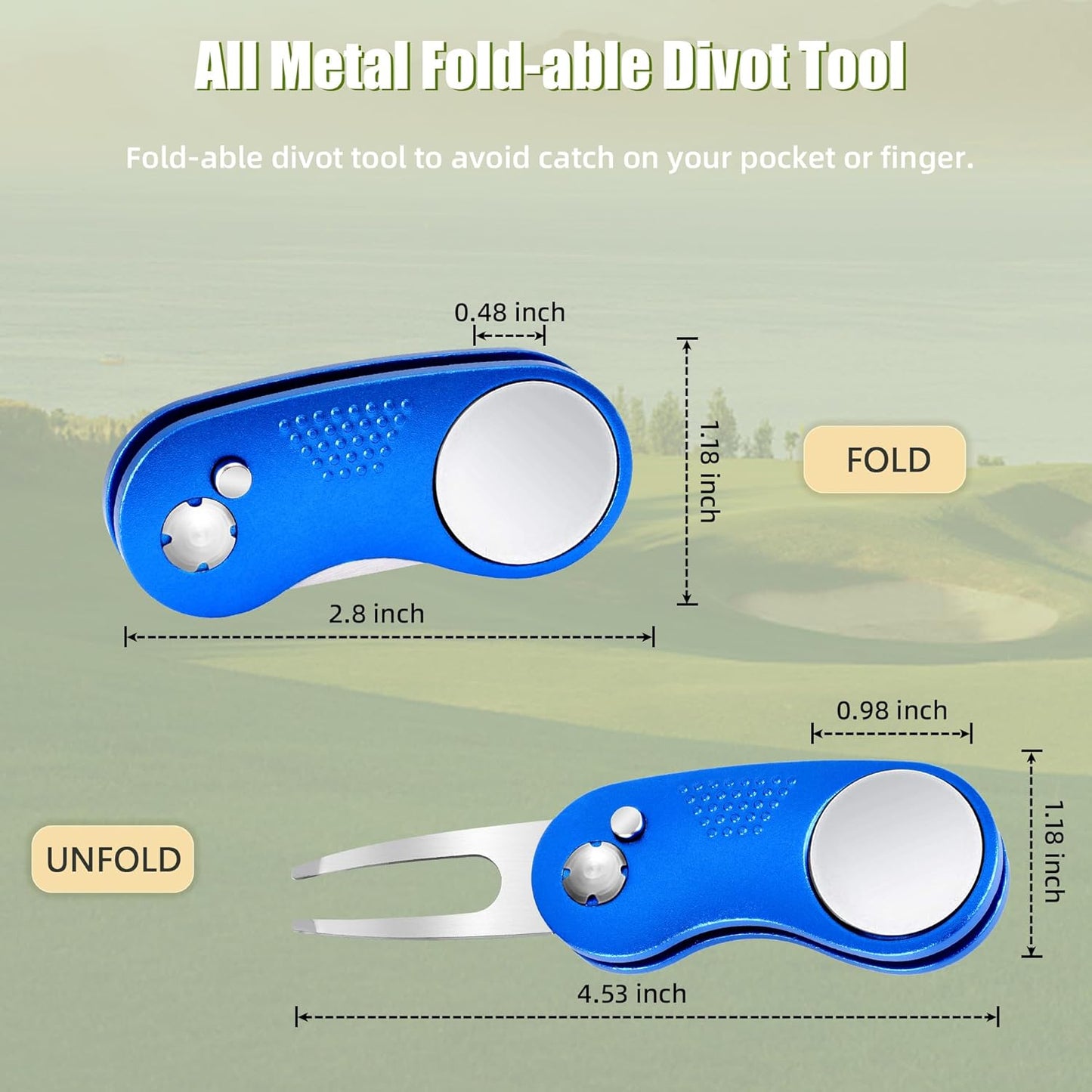 Mile High Life Golf Divot Repair Tool, All Metal Foldable Divot Tool with Pop-up Button & Magnetic Ball Marker