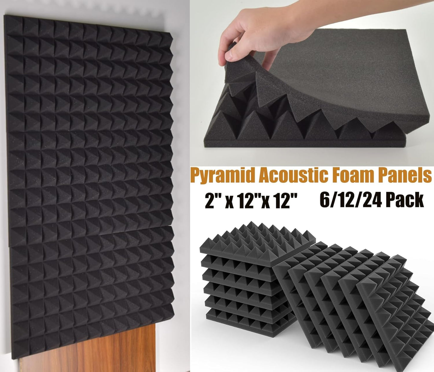 12 Pack Soundproof Wall Panels, Saiqiang Acoustic Foam 2" x 12"x 12" Sound Panels Acoustic Panels Sound Absorbing Black Sound Proof Panels for Walls Pyramid Soundproofing Studio Foam