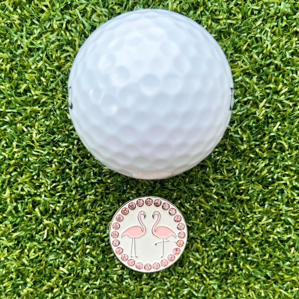 Giggle Golf White Plastic Divot Repair Tool with Metal Bling Flamingos Golf Ball Marker | Foldable Switchblade Divot Tool