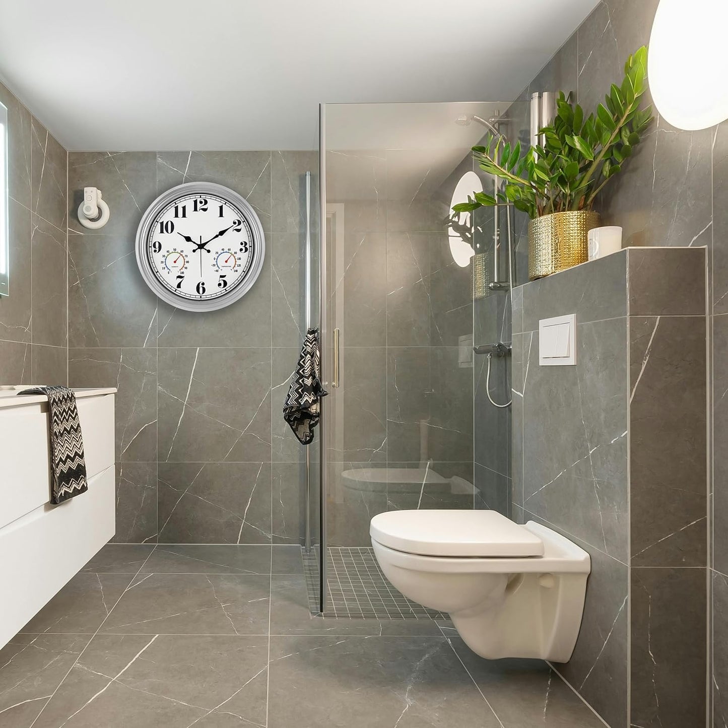 JENLYSTIME 16 Inch Silver Vintage Waterproof Indoor/Outdoor Wall Clock with Thermometer & Hygrometer, Large Numerals & Silent Sweep Movement - Ideal for Porch, Garden, Pool