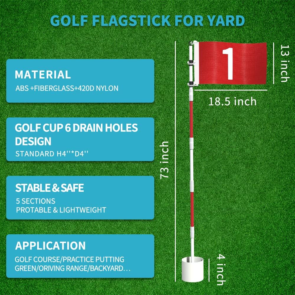 THIODOON Golf Flagstick 6ft Golf Flag and Cup for Yard Pro Detachable Golf Hole Cup and Flag for Driving Range Backyard Upgrade Anti-Rust Glass Fiber 5-Section Design with Connectors