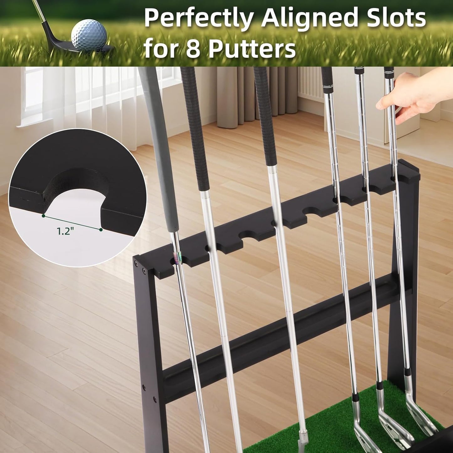 Wooden Golf Putter Stand with Ball Storage - Holds 8 Clubs & 22 Golf Balls, Space-Saving Golf Club Holder for Indoor/Home/Office/Simulator/Driving Range - Golf Accessories & Training Aid
