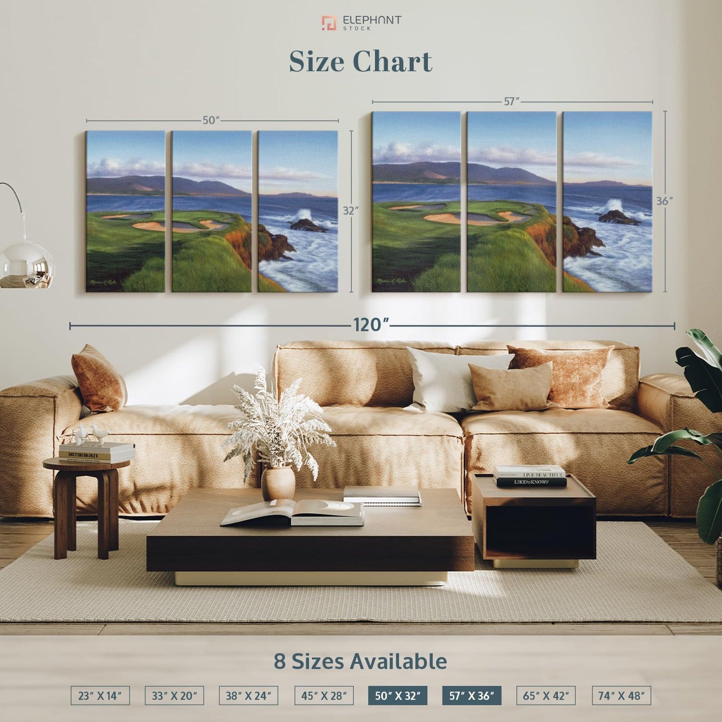 ElephantStock Pebble Beach 7th Hole Wall Art - Horizontal Canvas - 3-Piece Living Room Wall Decor - Painting Sports Canvas Print - Green and Blue Decor for Wall by Marci Rule - 50" X 32"