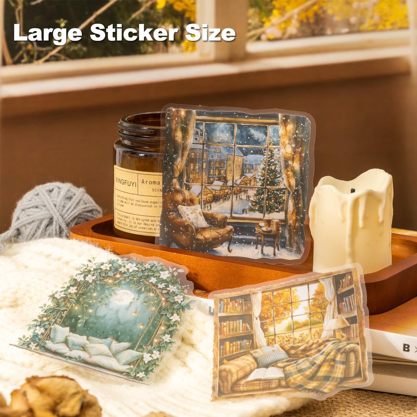 Window Scenery PET Sticker Set, 60Pcs Large Landscape Stickers for Scrapbooking, Journaling, Junk Journal Supplies, and DIY Crafts