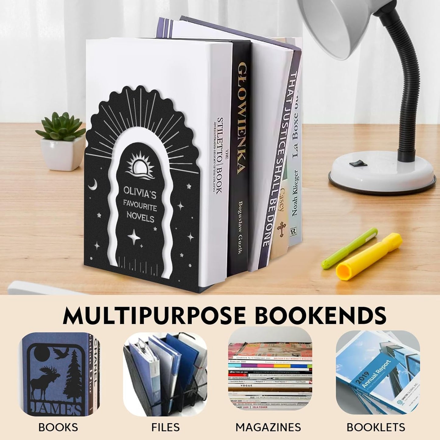 Personalized Name Metal Book Ends 2 Pcs, Unique Bookends for Shelves Room Decorative, Heavy Duty Metal Bookends, Non-Slip Book Stopper, Book Shelf Holder for Home Office School, Book Lovers Gift