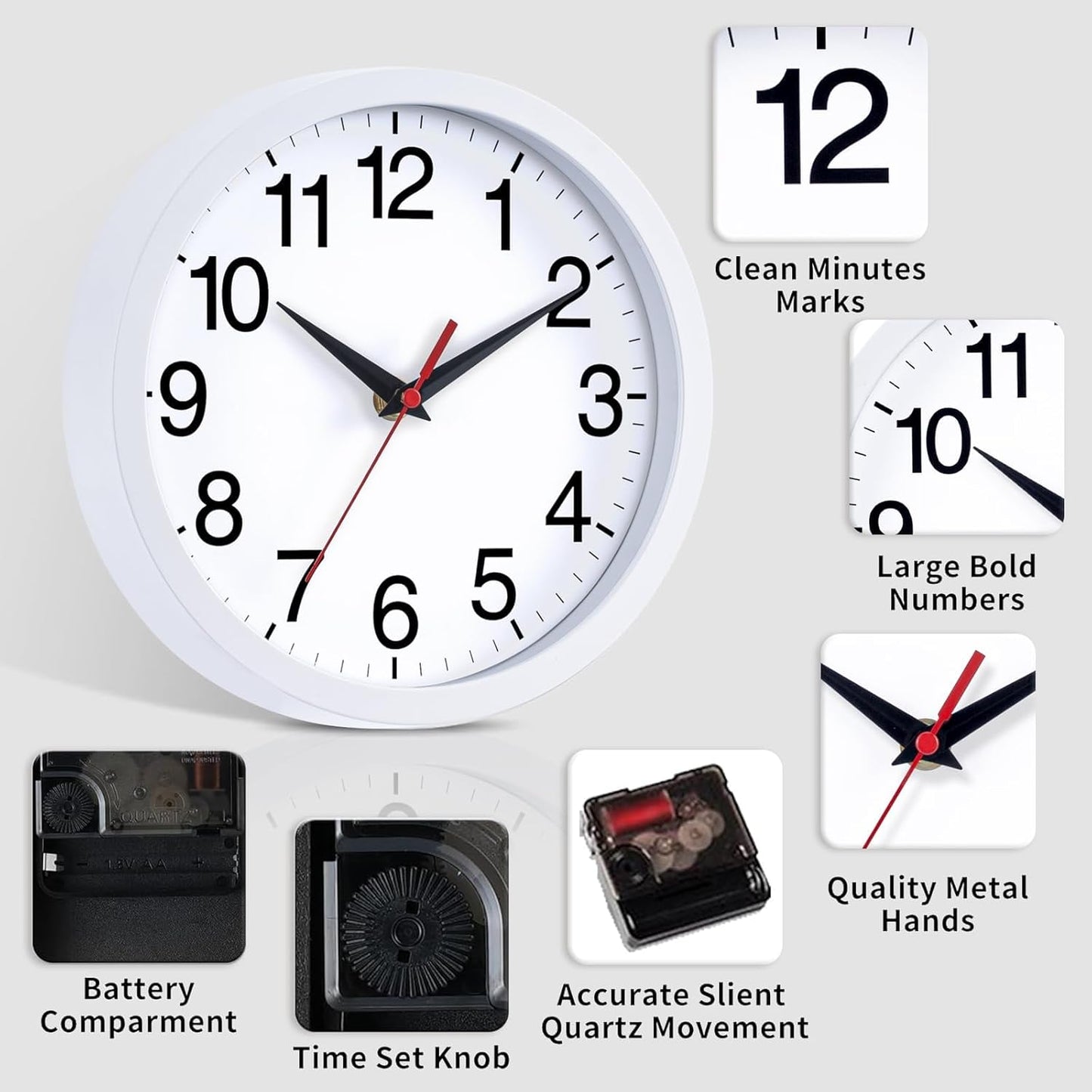Wall Clock Modern 8 Inch Battery Operated Silent Non Ticking Small Analog Clock Decorative for Bedroom Kitchen Bathroom Office Home (White)