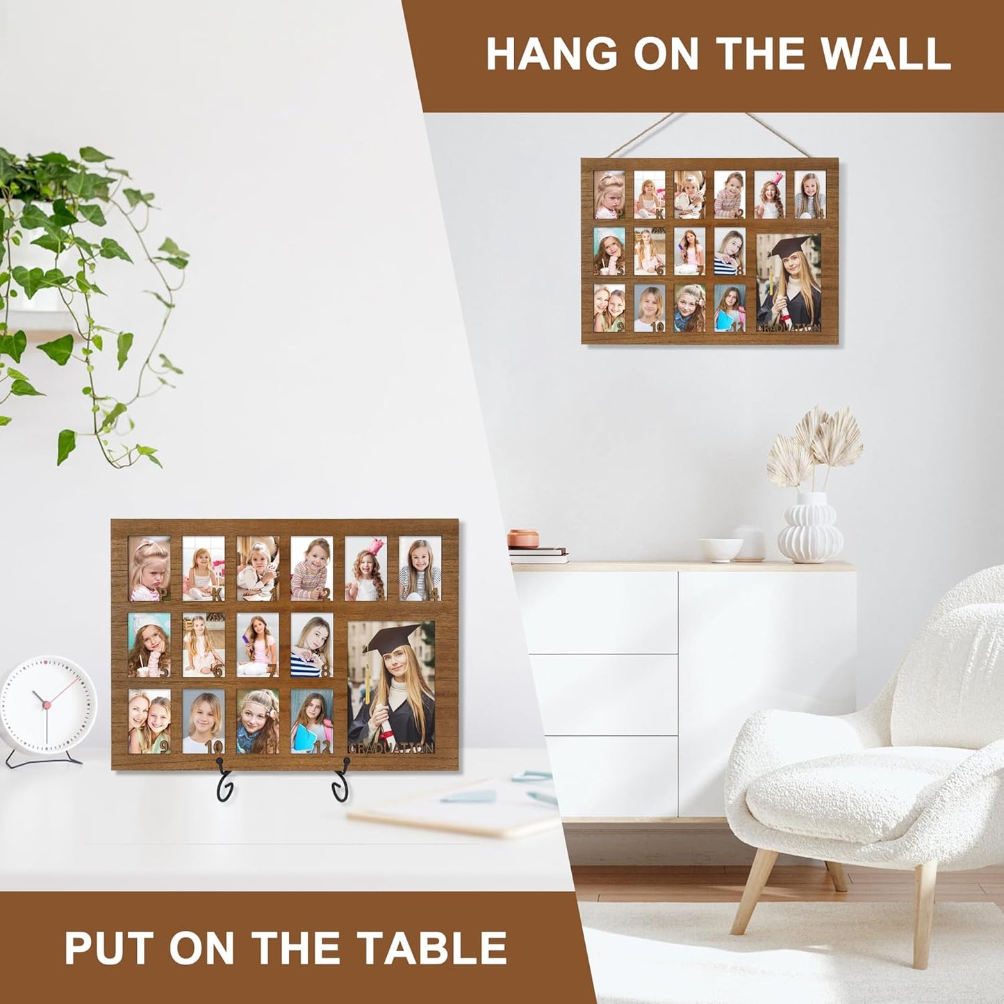 School Years Picture Frame Pre K to 12 Wooden Graduation Gift Collage Frame with Stand Easel, Displays One 4x6 and Twelve 2x3 Wallet Photos