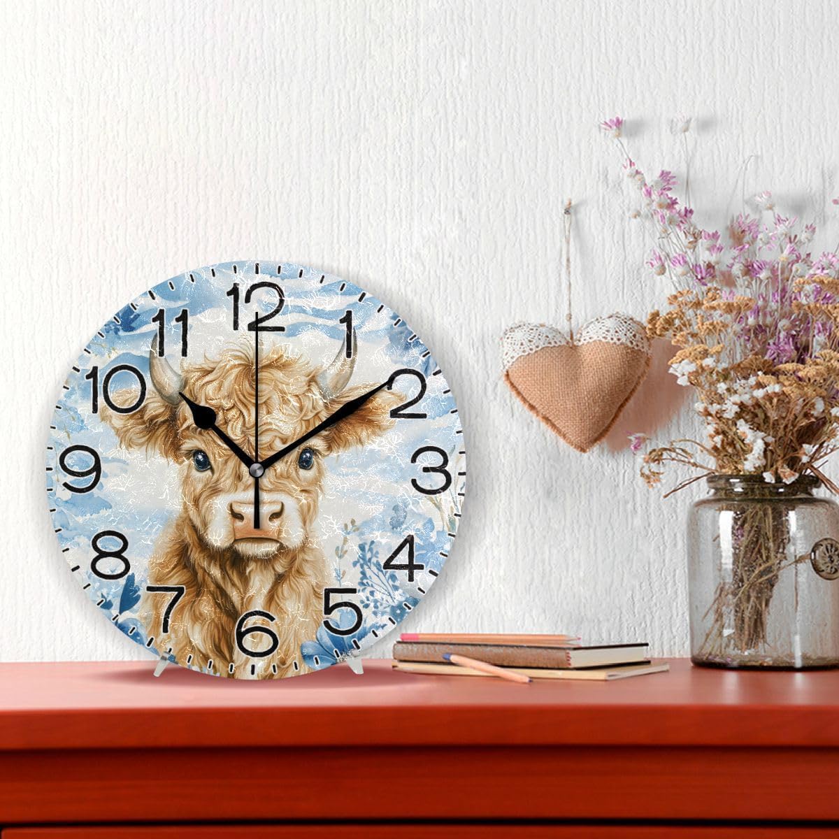 ALAZA Watercolor Highland Cow Blue Flower Wall Clock Battery Operated Non Ticking Silent Quartz Analog Rustic Farmhouse Round Clock Retro Decor for Home Kitchen Living Room Bathroom