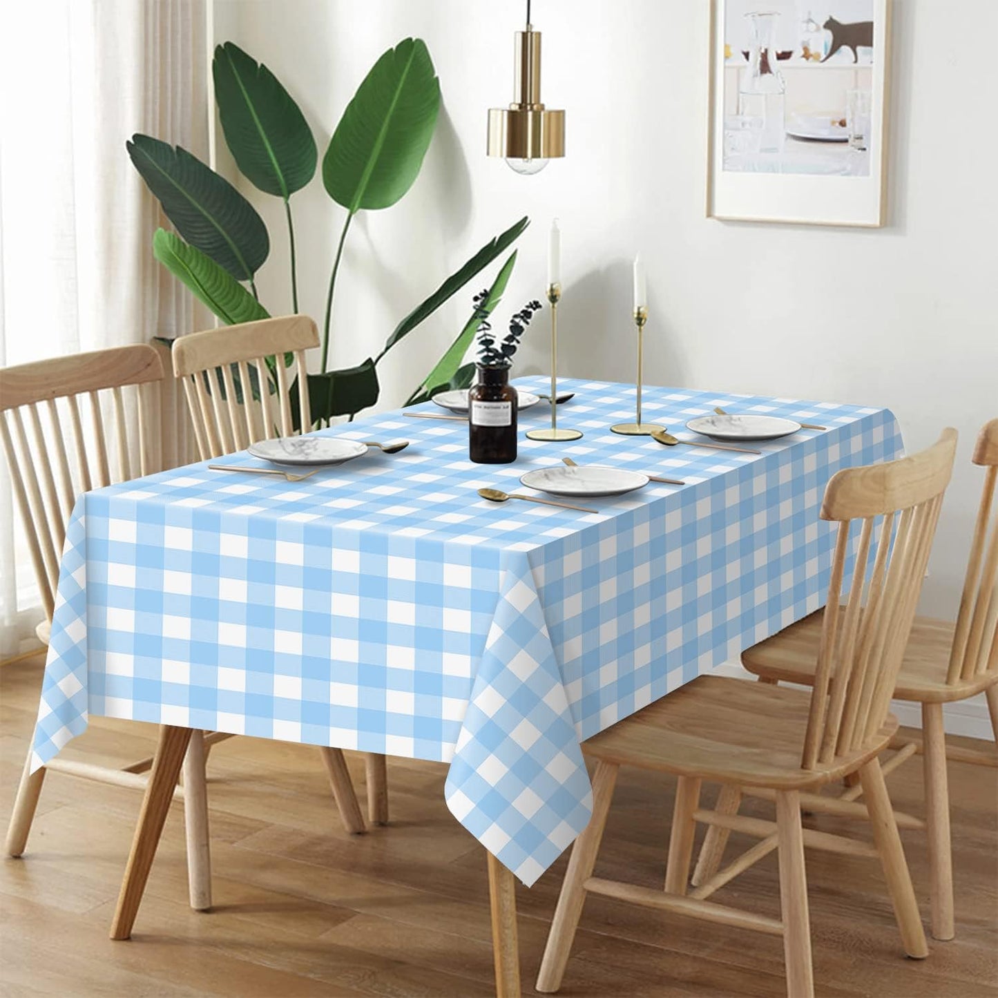 QIKSION Blue Gingham Tablecloth Disposable 3 Pack, 54 x 108 Inch Blue and White Checkered Table Cloth for Rectangle Tables, Plastic Table Cover