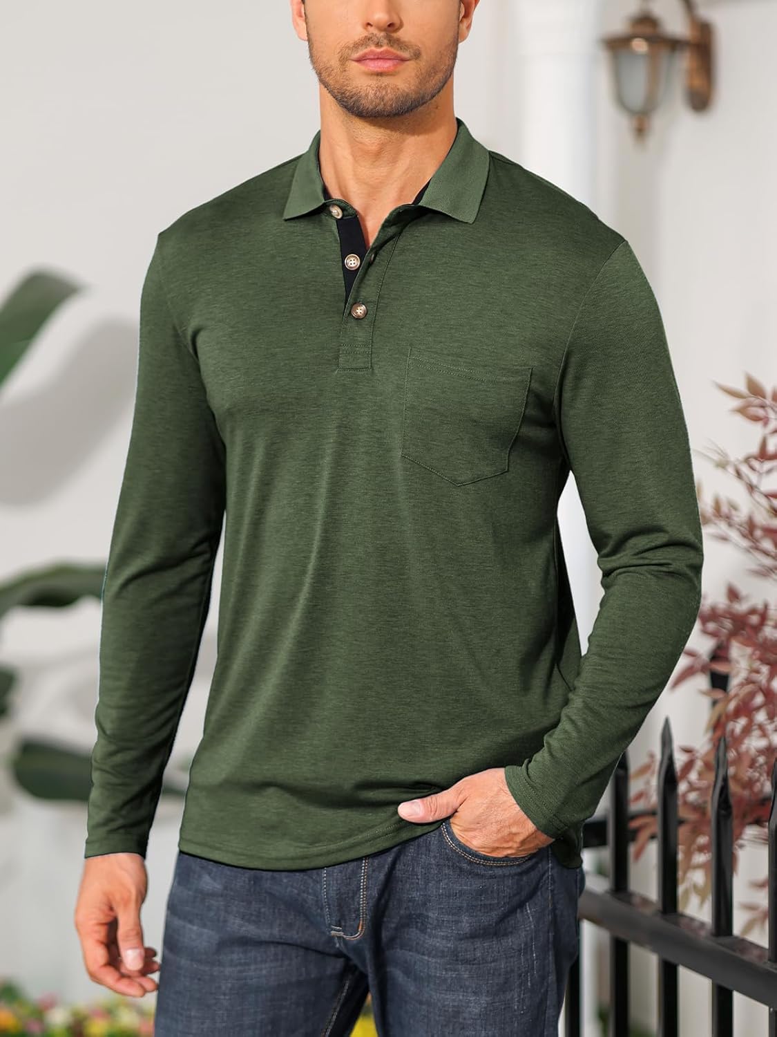 Mens Long Sleeve Polo Shirts Casual Moisture Wicking Golf Polo Shirts with Pocket