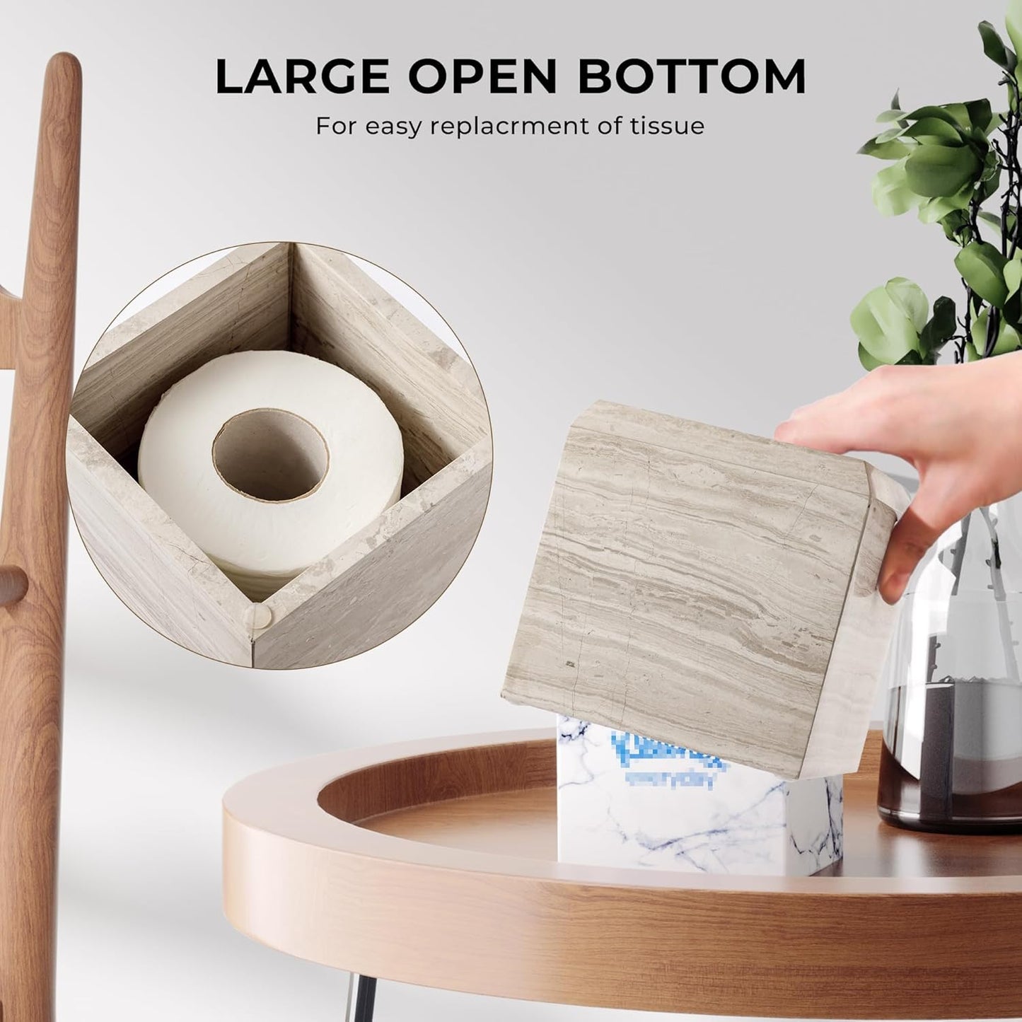 WORHE Tissue Box Cover Italy Natural Marble Heavy Duty Square Facial Toilet Paper Holder for Bathroom Living Room Bedroom Dresser Kitchen Minimalistic Office Home Decor Grey (WH078)