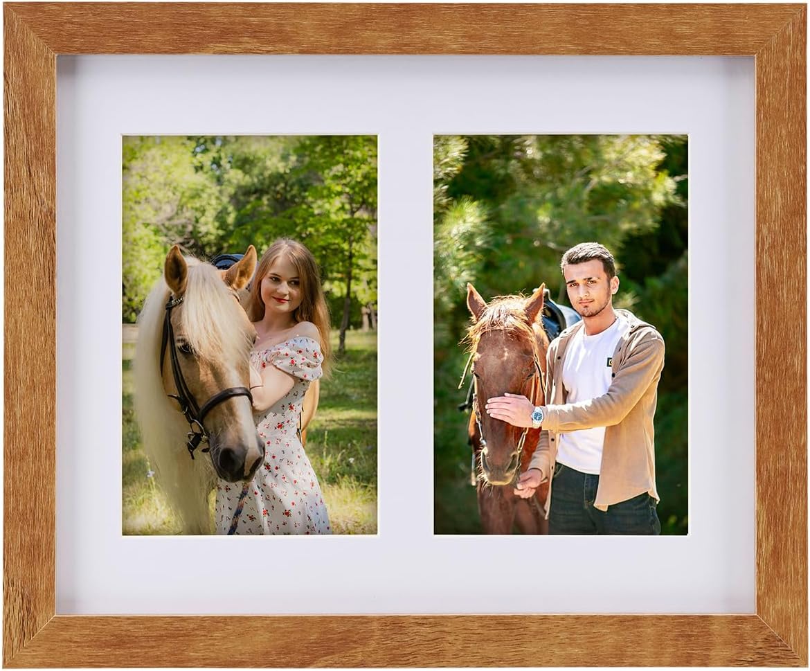 8.5x11 Pine Wood Collage Picture Frame Double 5x7 Picture Frame with Tempered Glass Fits 1Pc Certificate or 2Pcs 5x7 Photos With Mat For Tabletop or Gallery Wall Mounted-Teak Brown