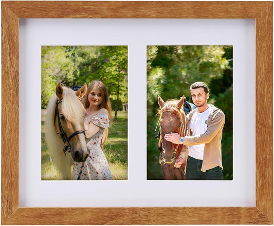 8.5x11 Pine Wood Collage Picture Frame Double 5x7 Picture Frame with Tempered Glass Fits 1Pc Certificate or 2Pcs 5x7 Photos With Mat For Tabletop or Gallery Wall Mounted-Teak Brown