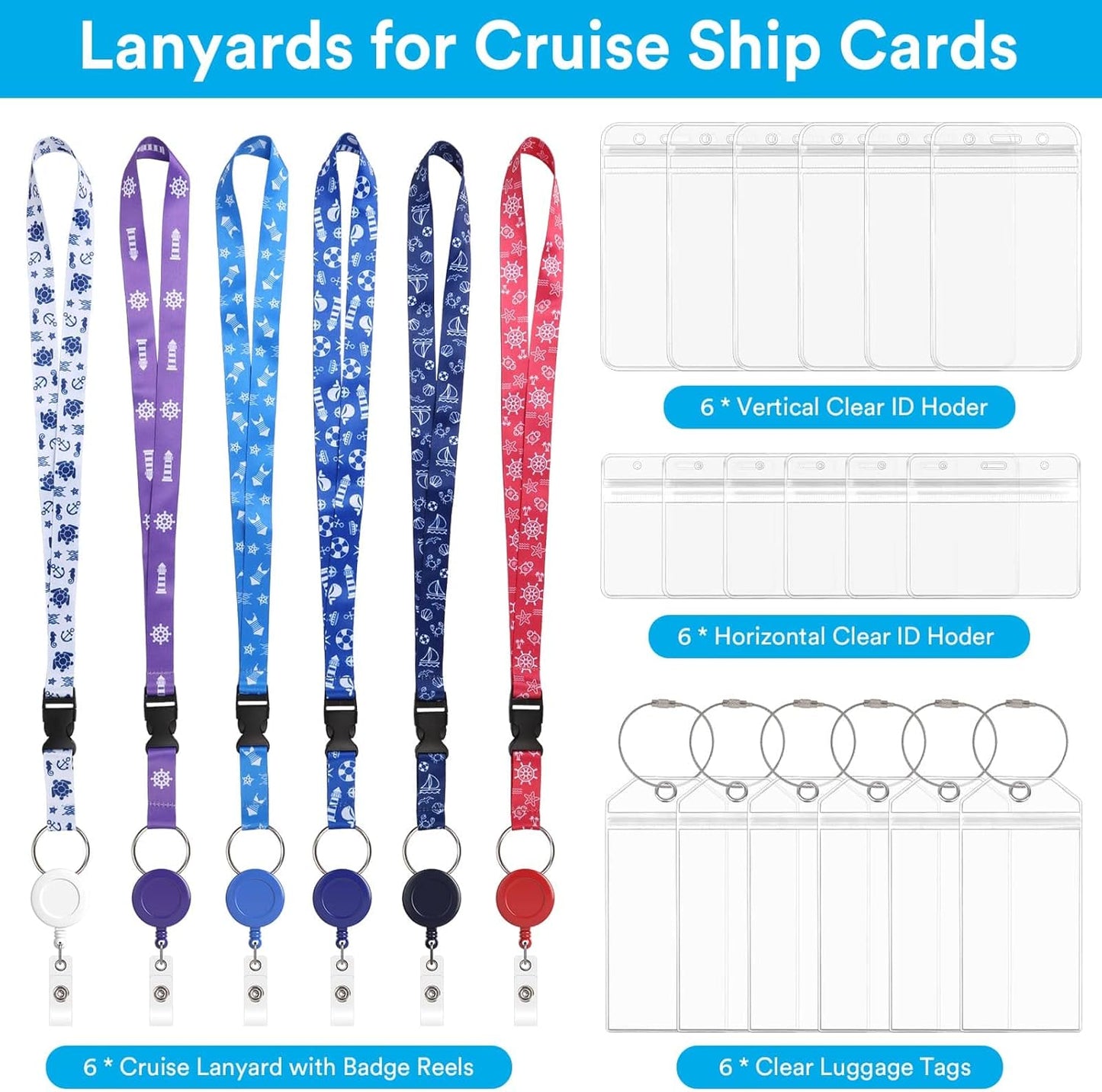 6 Pack Lanyards with Ship Card Holders, Retractable Badge Reels with Waterproof Luggage Tags ID Holders for Cruise Essentials Accessories Key Cards