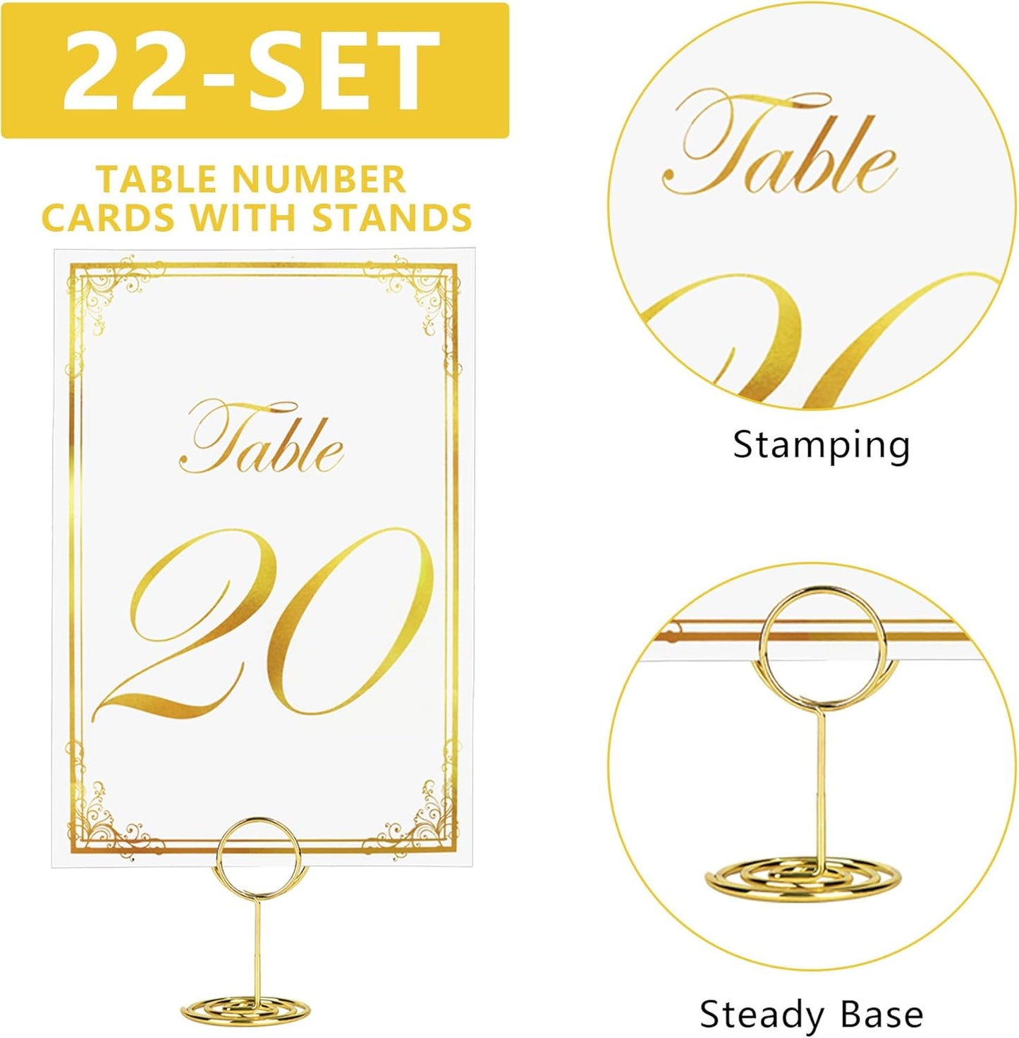 JOYIT 22 Sets Wedding Table Number 1-20 and 2 Card for Gift and Head Table, with 22 Pcs Tables Number Holders, White Gold 4" x 6" Tables Numbers for Wedding Reception(22 Set/White Gold)