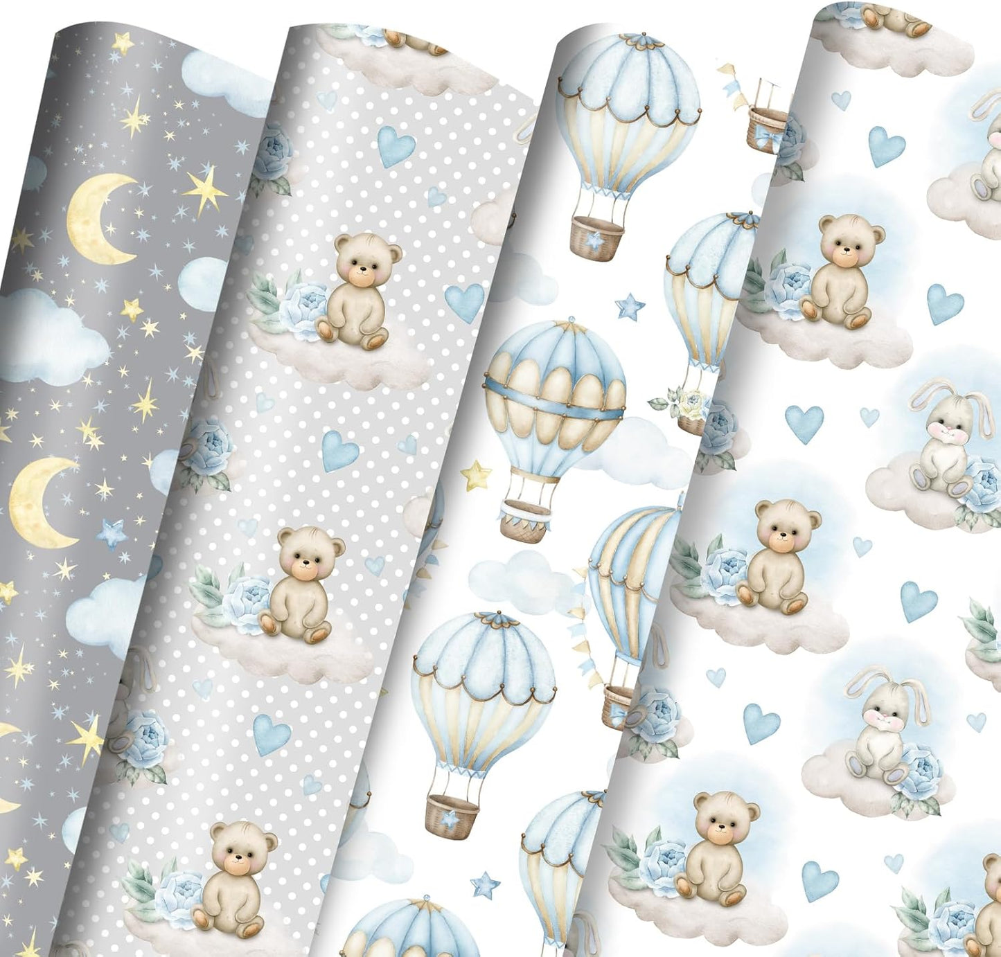 Vnaaem Baby Boy Wrapping Paper 12 Pc Baby Shower Wrapping Paper with Grey Balloon Bear Moon Patterns for Kids Birthday Party New Baby,19.6 X27.8Inch