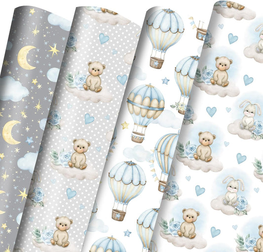 Vnaaem Baby Boy Wrapping Paper 12 Pc Baby Shower Wrapping Paper with Grey Balloon Bear Moon Patterns for Kids Birthday Party New Baby,19.6 X27.8Inch