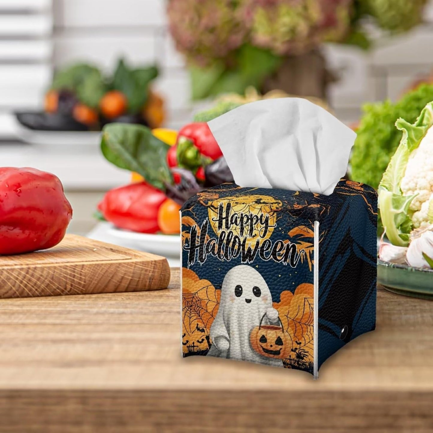 Happy Halloween Tissue Box Cover PU Leather Tissue Box Holder 5x5x5 inch Waterproof Protective Cover Modern Home Car Office Hotel Decor