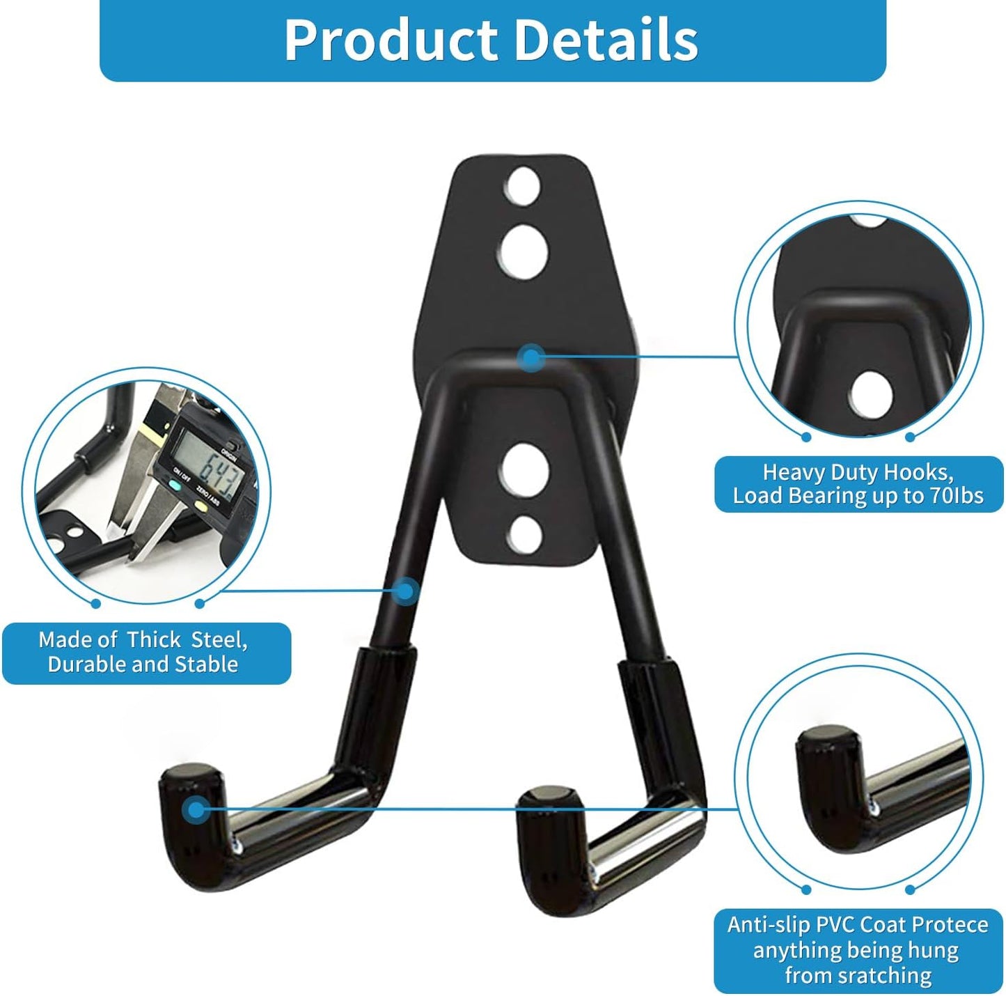 Garage Storage Utility Hooks，Garage Garden Tool Organizer，Steel Wall Mount Hooks, Garden Small U Hooks (4 Pack-Black)