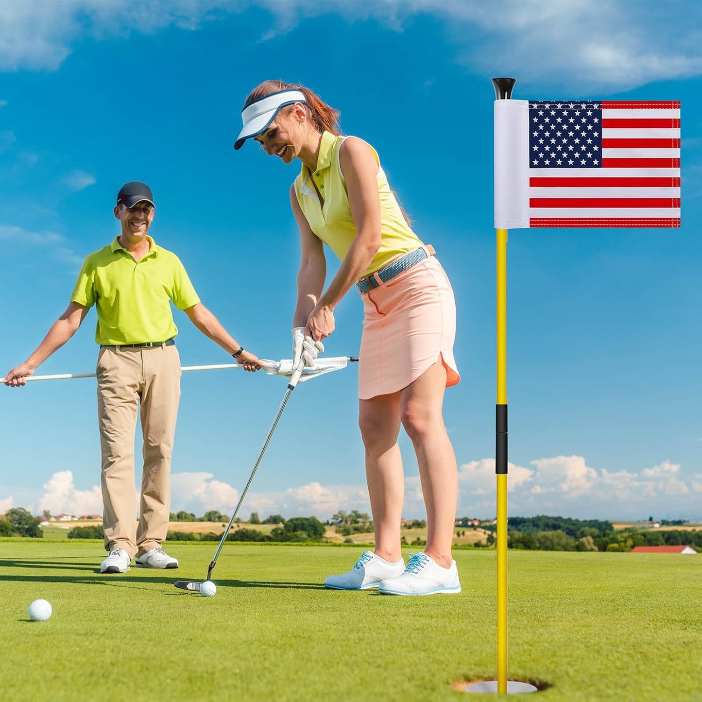Meooeck 2 Pack Golf Flagstick 3ft Putting Green Pin Flag and Hole Cup Set for Yard Portable 2 Section Fiberglass Mini Golf Set for Driving Range Backyard, Double-side American Flag