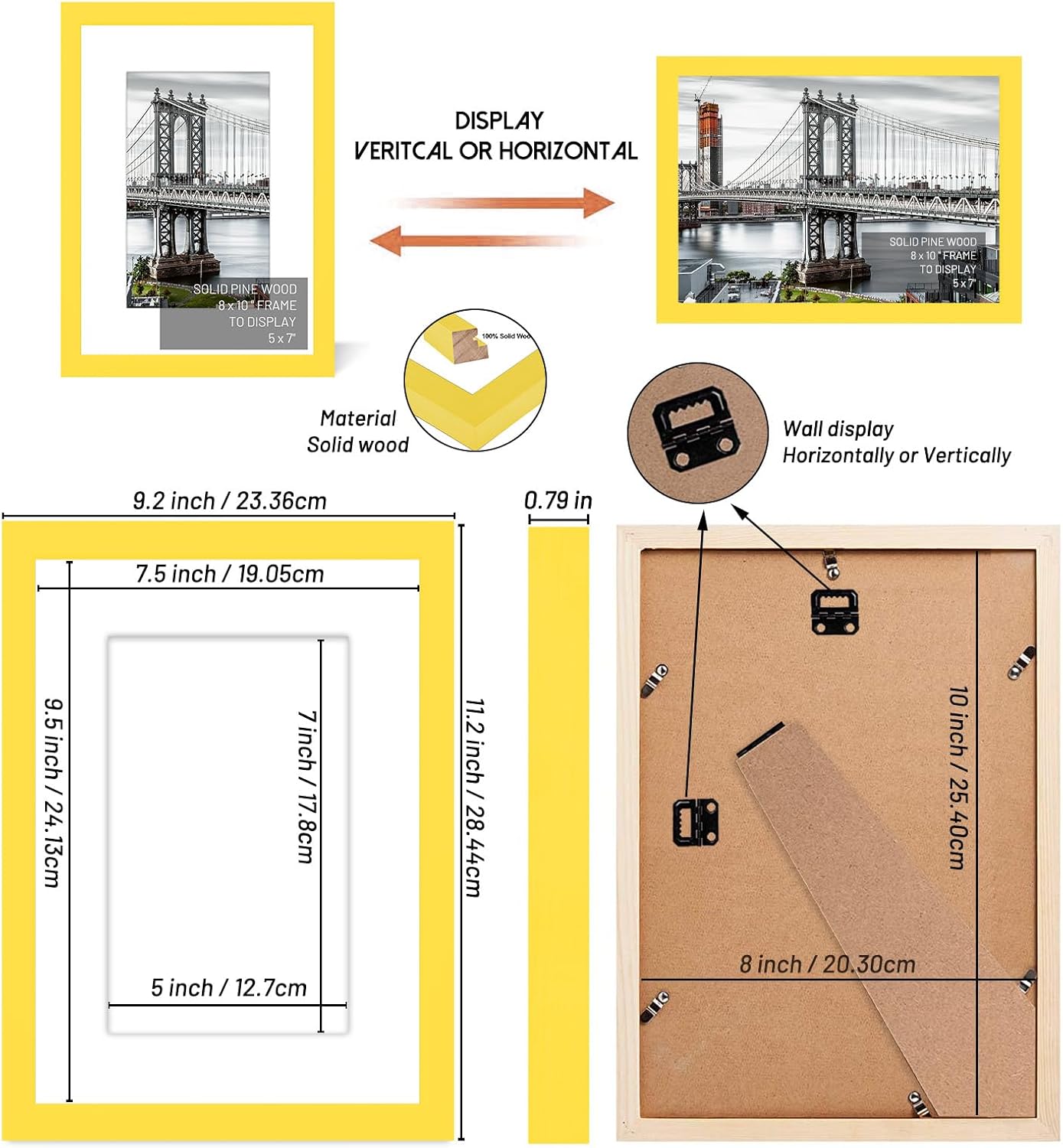 8x10 Picture Frames Solid Wood Display Pictures 5x7 with Mat or 8x10 Frame without Mat Poster Photo Frame Art with 1 Mats for Wall Mounting or Table Top(Yellow)
