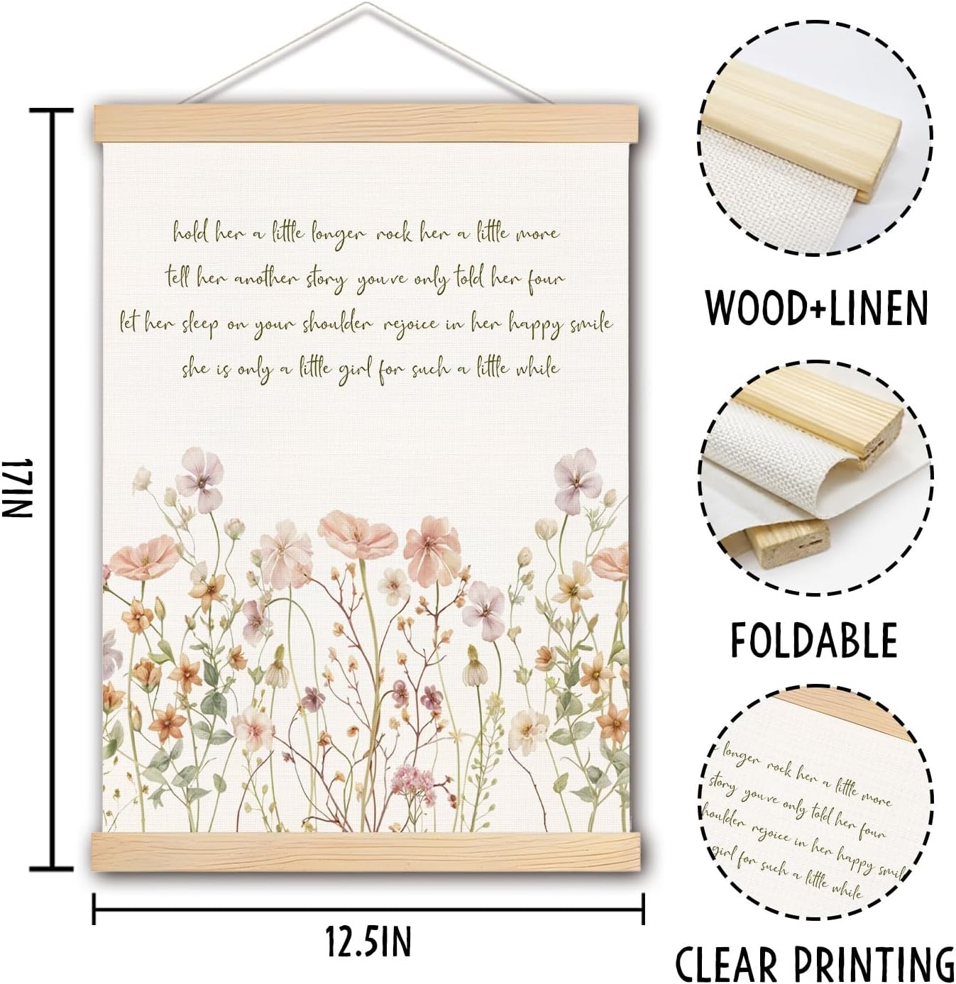 pouep Pastel Wildflower Girl Nursery Wall Art Poster, Hold Her a Little Longer Canvas Prints Wall Decor for Baby Toddlers Girls Bedroom Kids Room Nursery Playroom, 12x16 Inches
