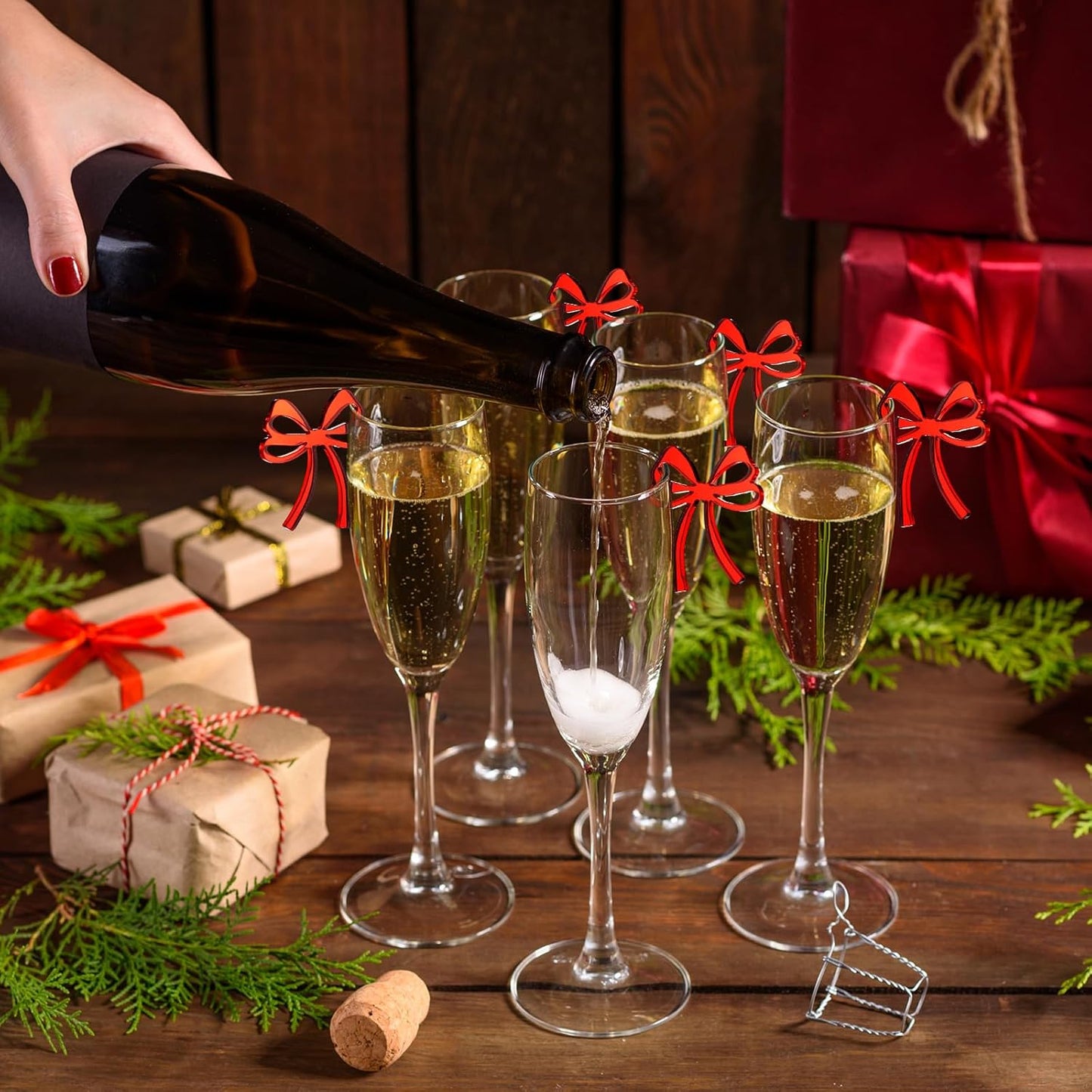 50 Pcs Bow Drink Tags Mirror Bow Markers Christmas Bowknot Decorations Themed Party Favors Coquette Acrylic Cocktail Tag for Bachelorette Birthday Wedding Party Decor Accessory