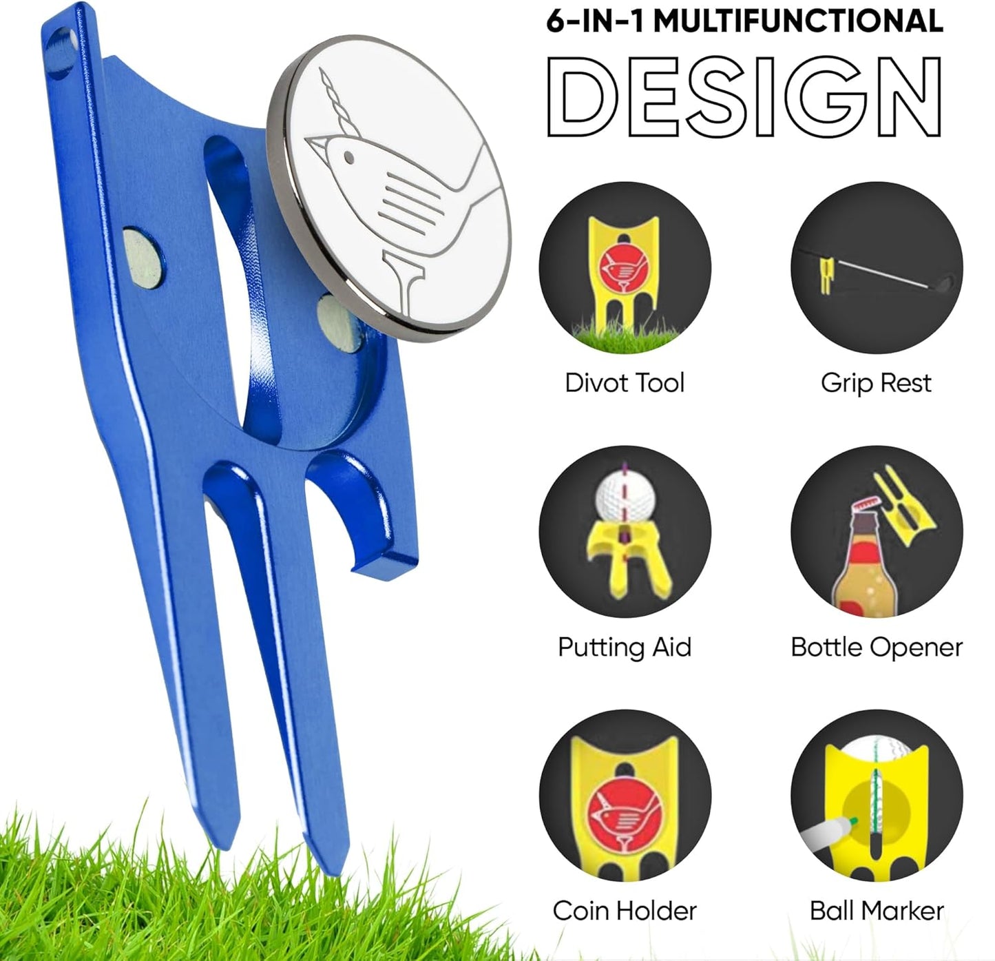 Birdicorn Golf Divot Repair Tool & Golf Ball Marker 6-in-1 Golf Divot Tool