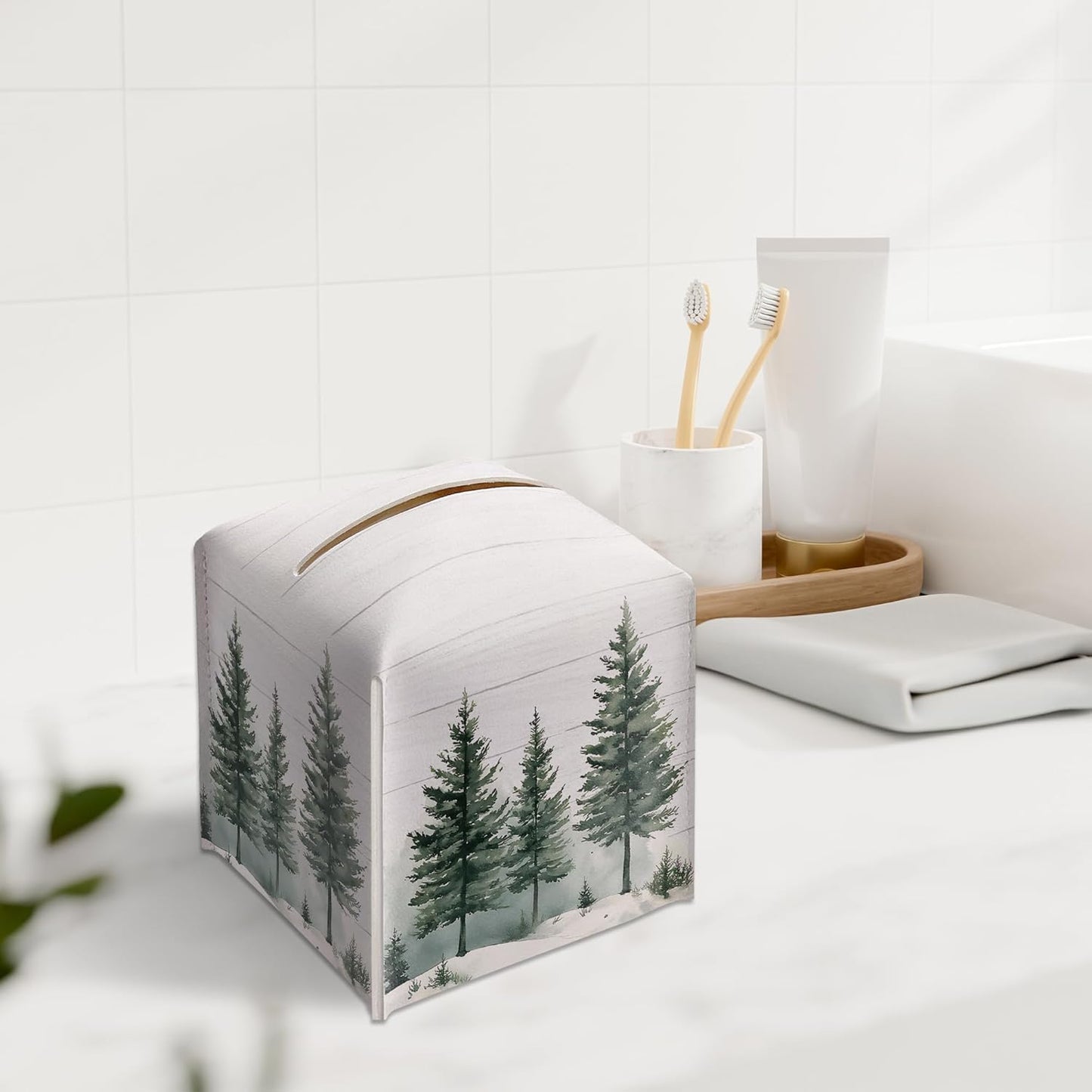 Winter Pine Tree Tissue Box Holder, Christmas Tree Leather Tissue Box Cover Square with Bottom Belt, Paper Facial Decorative Tissues Cover for Night Stands Bathroom Kitchen Office Home Decor-B21