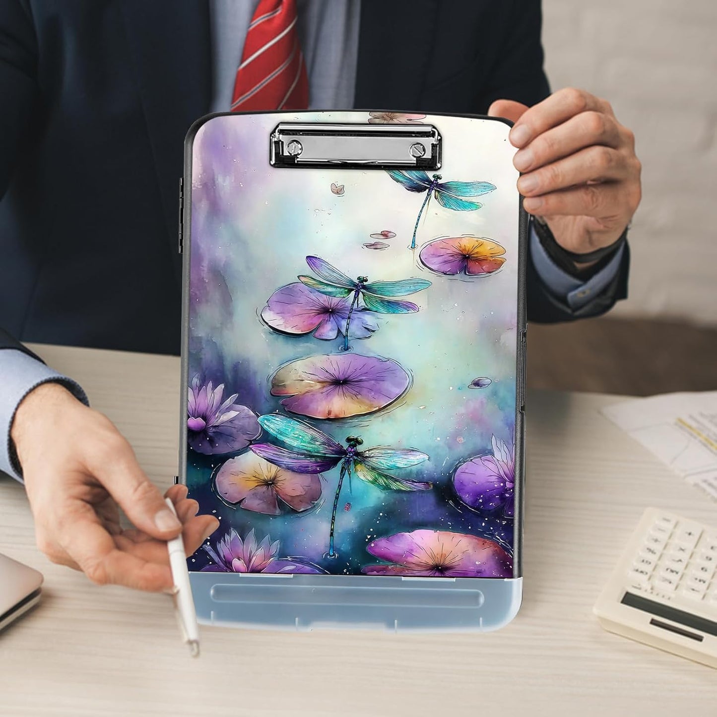 Clipboard with Storage - Large Capacity,Nursing Clipboard with Pen Holder,Heavy Duty,Plastic Side-Opening Folder for Teacher,Nurse - Watercolor Dragonflies