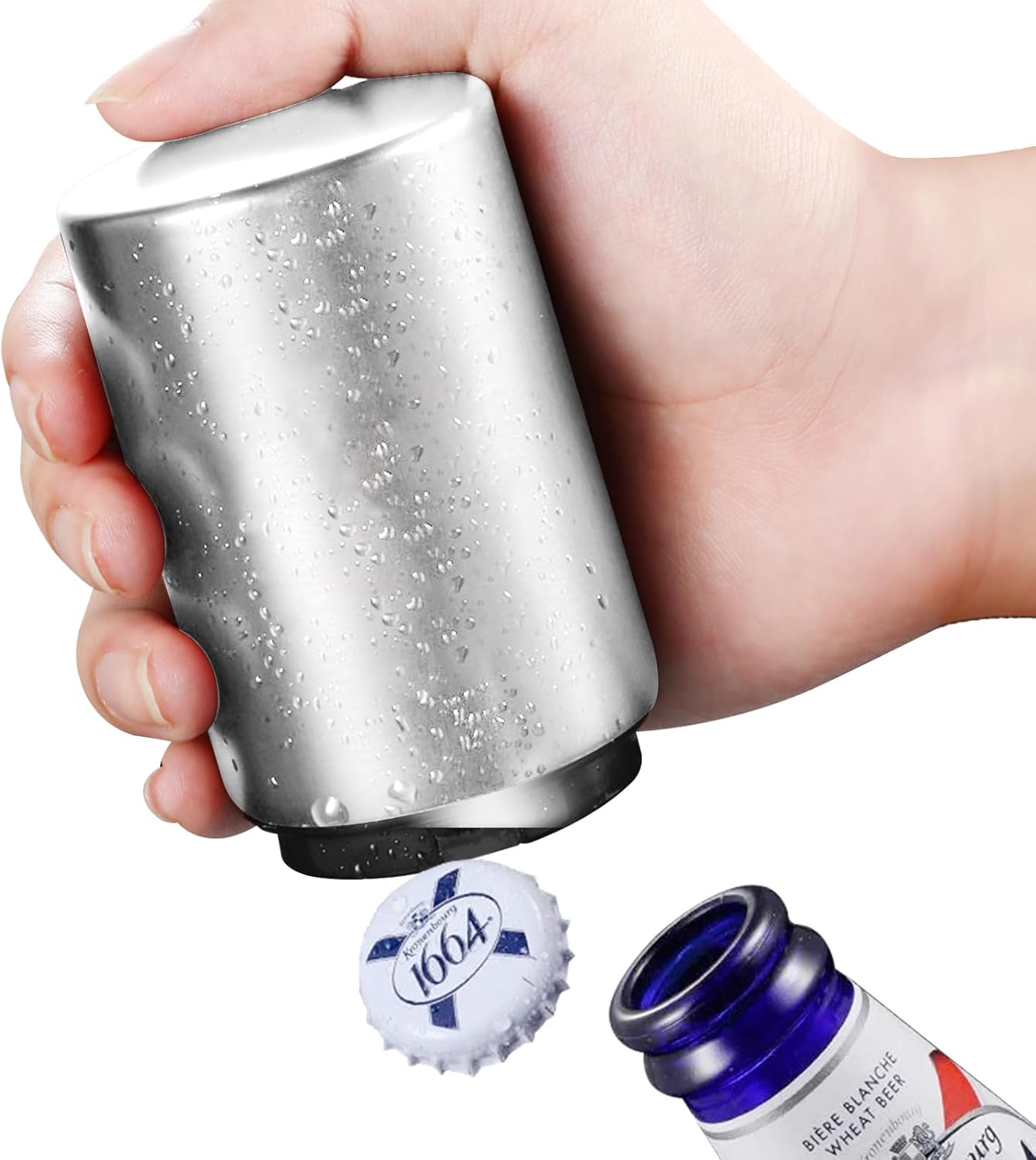 Beer Bottle Opener Automatic Bottle Opener Premium Bottle Openers for Seniors, Down-Pop Off Destapadores de Cerveza with Magnetic Cap Catcher, Cool Bartender Tools, Men Beer Gift （Silvery）