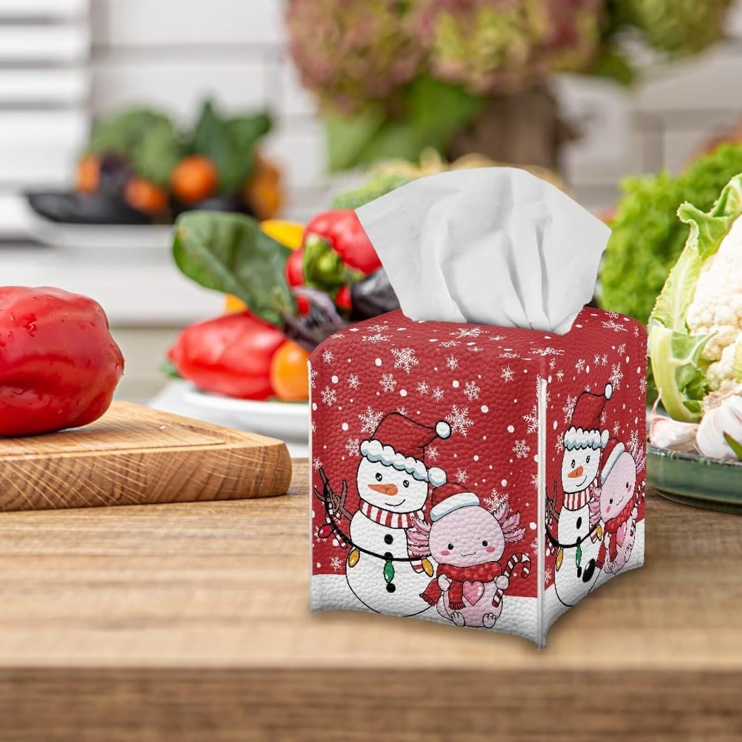 Red Christmas Tissue Box Cover PU Leather Tissue Box Holder with Snowman & Axolotl Pattern 5x5x5 inch Waterproof Protective Cover for Home Car Office Hotel Decor