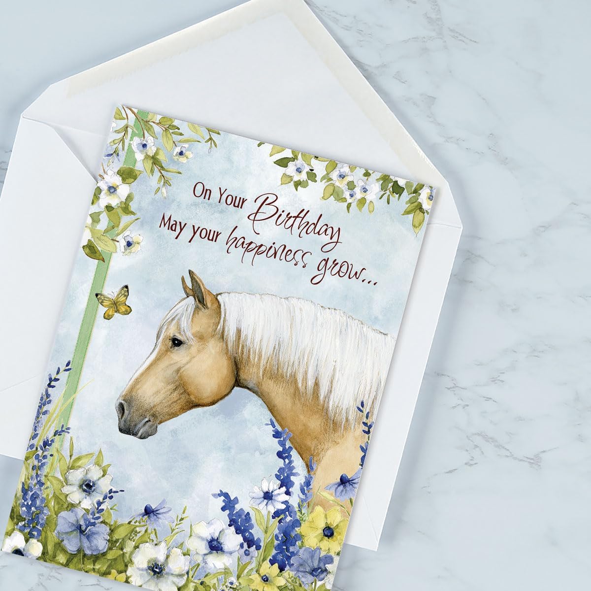Horses in Flowers Birthday Greeting Cards by Susan Winget - Set of 8 (4 Designs), Large 5" x 7", Happy Birthday Cards with Sentiments Inside