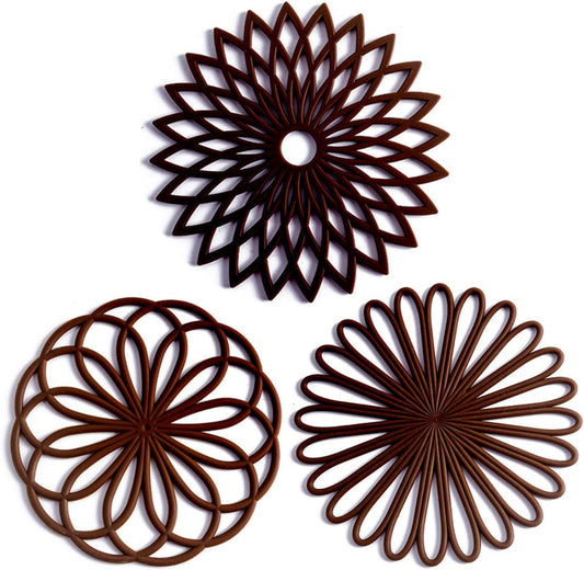 Set of 3 Silicone Trivet Mat - Hot Pot Holder Hot Pads for Table & Countertop - Trivet for Hot Dishes - Non-Slip & Heat Resistant Modern Kitchen Hot Pads for Pots & Pans, Chocolate Brown