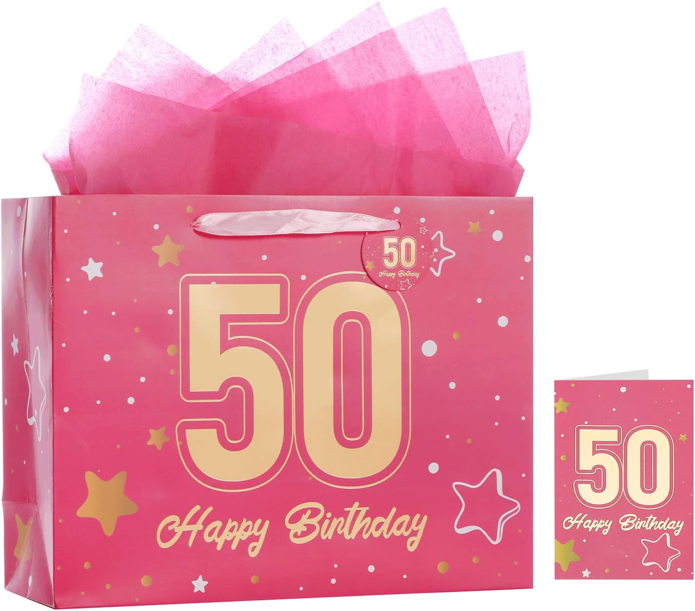Powbrace 13" Pink Happy Birthday Gift Bag with Tissue Paper and Greeting Card for Party,Happy Birthday Gift Bag for Men Women,Gift Bags Medium size(1 Pink 50th)