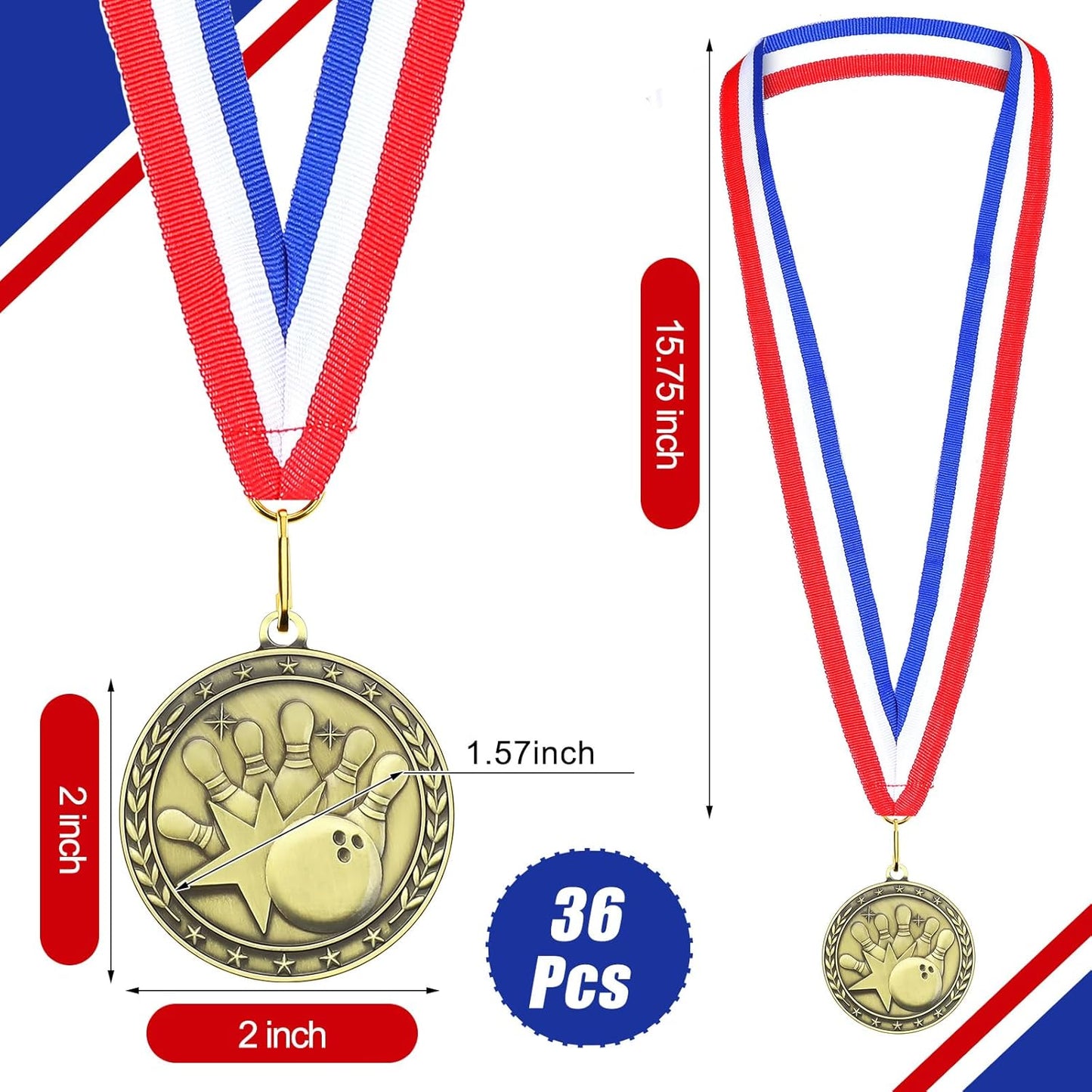 36 Pcs 2'' Gold Medals Bulk Volleyball Football Basketball Soccer Baseball Archery Dink Ball Cheer Track Bowling Awards Medals with Ribbons for Sports Participation Winner Gift