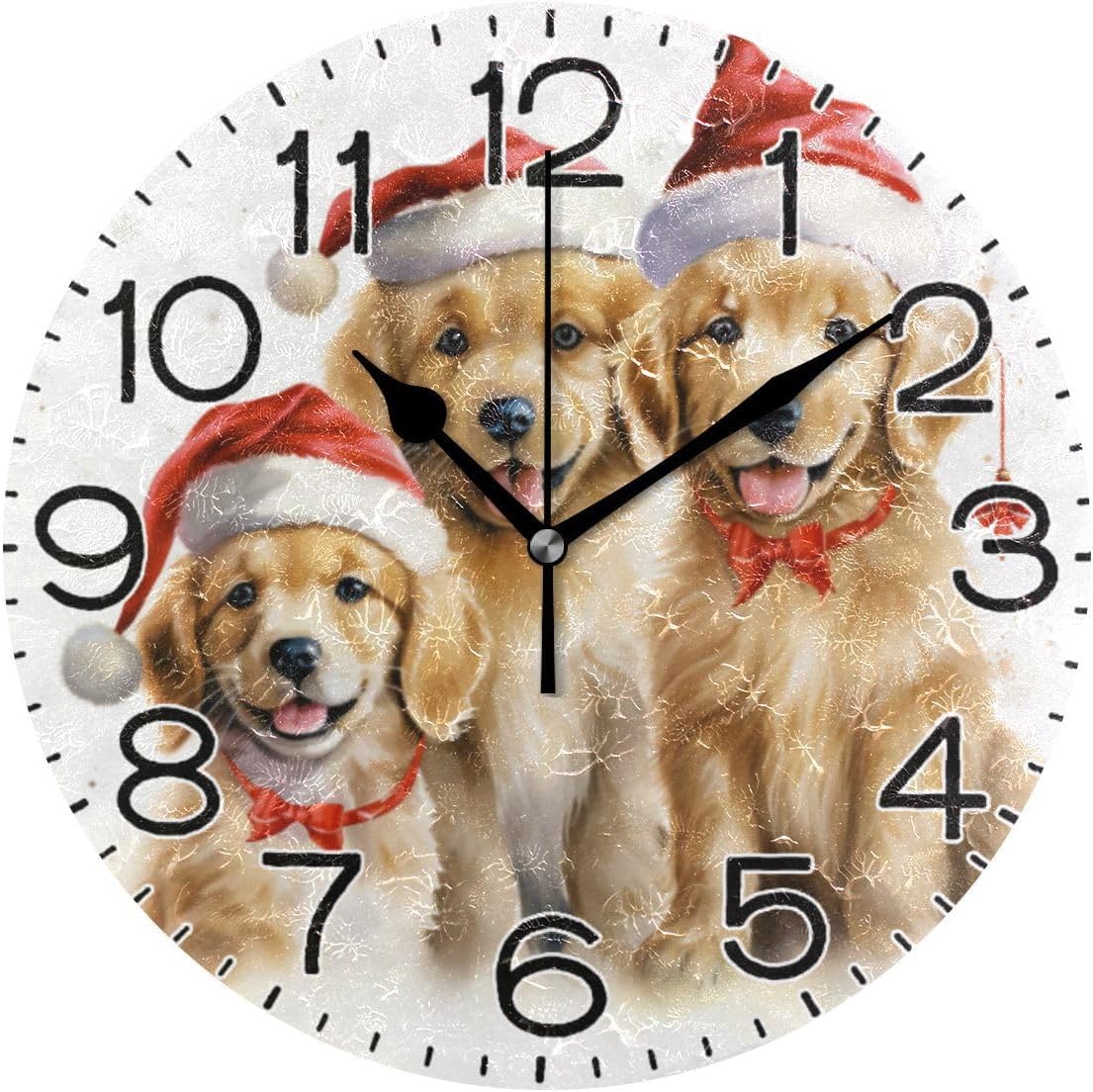 Christmas Dogs with Santa Hat Wall Clock Battery Operated Non Ticking Silent Quartz Analog Rustic Farmhouse Round Clock Retro Decor for Home Kitchen Living Room Bathroom