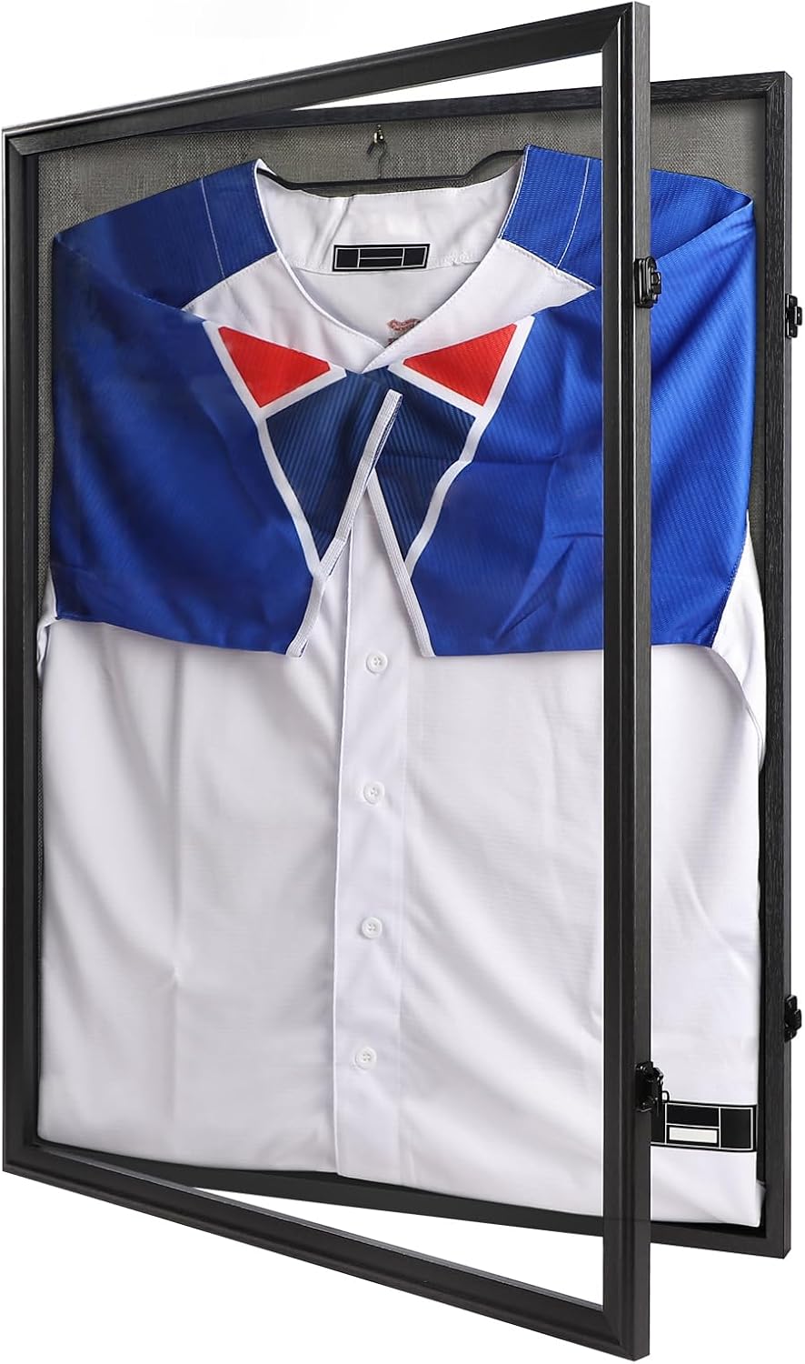 IHEIPYE Jersey Frame Display Case Black Lock,Large Shadow Box Lockable with 98% UV Protection Acrylic Linen Lining and Hangers for Baseball Basketball Football Soccer Hockey 2XL Sport Jersey Shirt