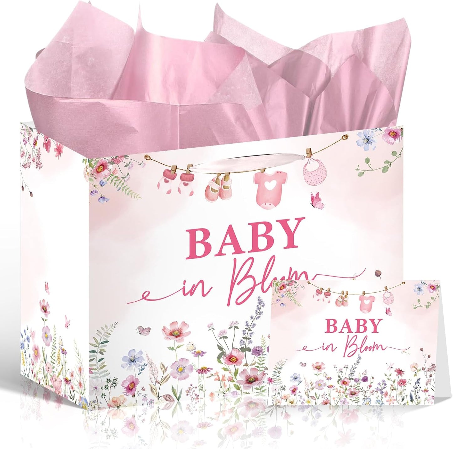 Luvsweets Baby in Bloom Gift Bag - Wildflower Gift Bag with Pink Wrapping Paper Greeting Card for Girl, Gender Reveal Party Decorations, Floral Baby Shower Decor Supplies