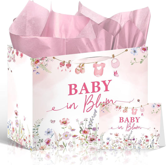 Luvsweets Baby in Bloom Gift Bag - Wildflower Gift Bag with Pink Wrapping Paper Greeting Card for Girl, Gender Reveal Party Decorations, Floral Baby Shower Decor Supplies