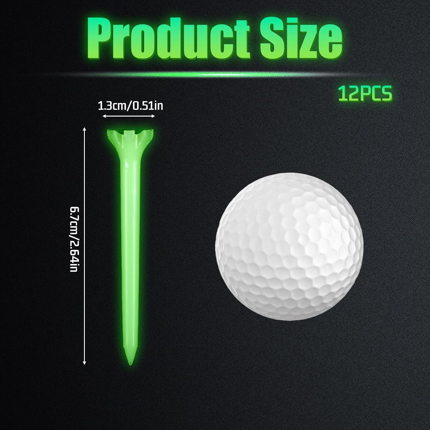 12 Pcs Glow in The Dark Golf Tees, Fluorescent Green Light Up Golf-Tees, Professional Plastic Golf-Tee for Night, Indoor Outdoor Training, Reduce Side Spin Friction