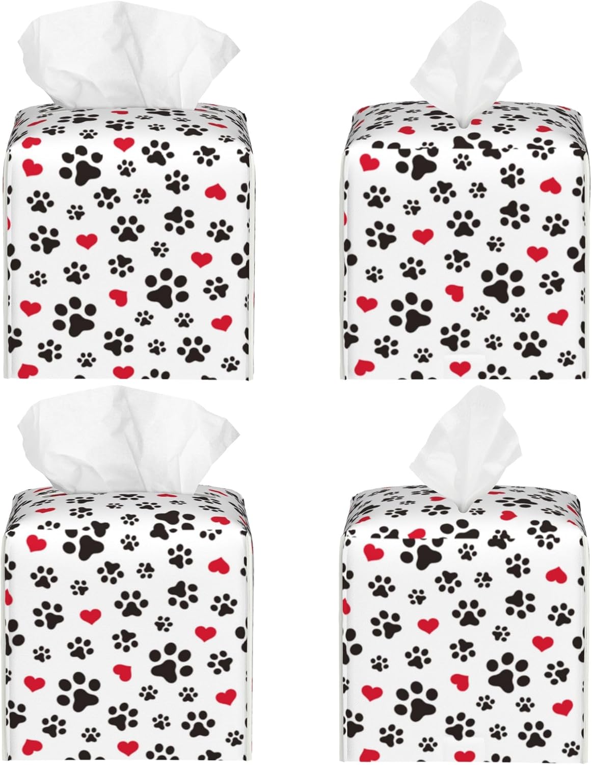 Dog Paw Cat Paw Heart Love Tissue Box Cover Square, Animal Puppy Footprints Tissue Box Holder Waterproof Leather Facial Paper Organizer Dispenser for Bathroom Home Car Nightstand Vanity Desk