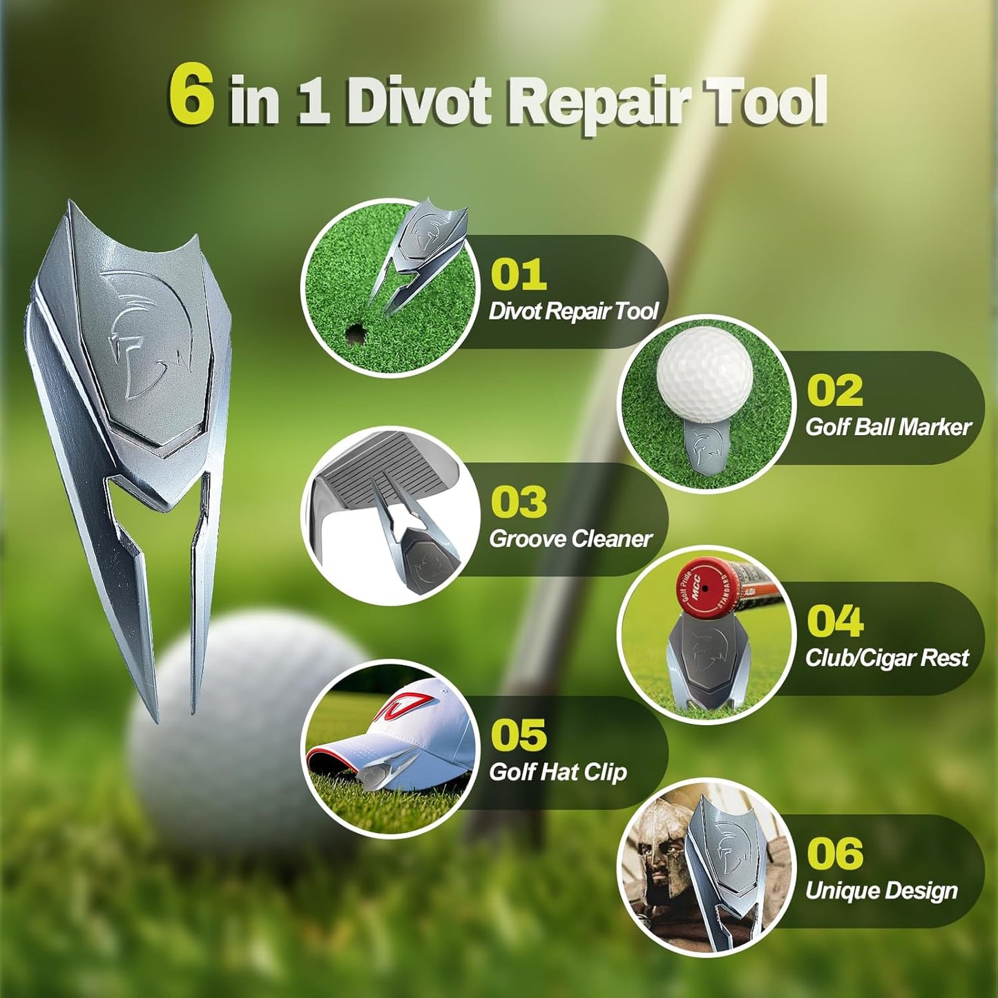 Spartan Helmet Golf Divot Tool with Magnetic Ball Marker & Belt Clip, Solid Metal Golf Accessory, Unique Design Gift for Golfers