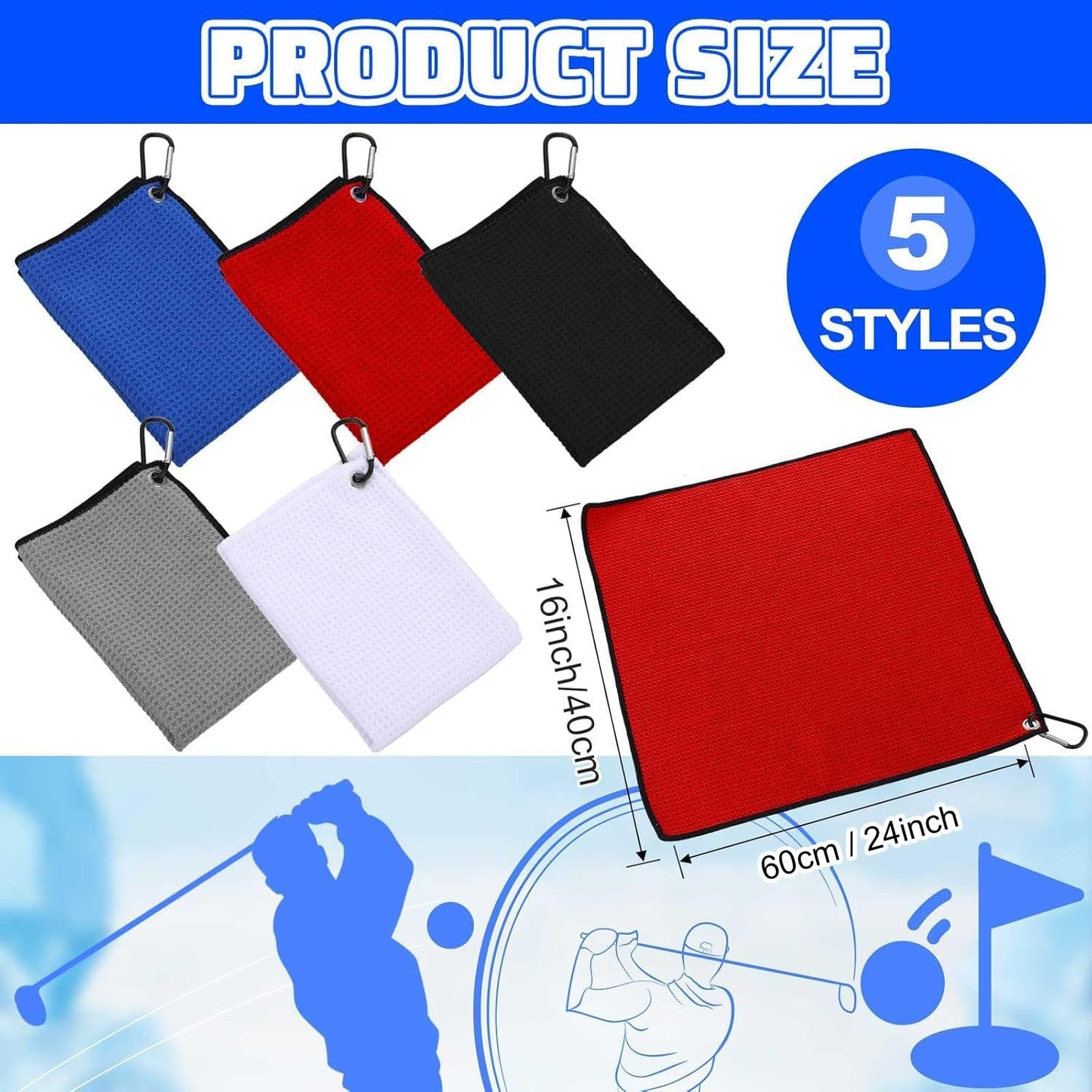 Batiyeer Golf Towels Bulk for Bags 16'' x 24'' Microfiber Waffle Pattern Golf Towels Trifold with Clip for Hiking,Tournament, Yoga