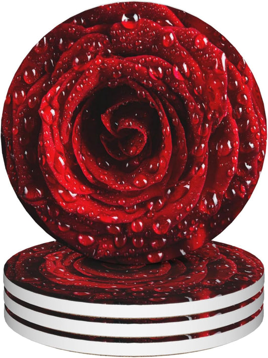 Coasters for Drinks,Red Rose Flower Absorbent Coaster Set of 4 with Cork Base,Ceramic Drink Coasters for Cold Drinks Wine Glasses Cups Mugs,Housewarming Gifts for Home Decor