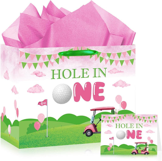 Hole in One Birthday Decorations Pink Hole in One Gift Bag Pink Green Golf First Party Bag Christmas 1st Birthday Wrapping Bag with Card and Tissue Papers for Girls Newborn Baby Shower Party Supplies