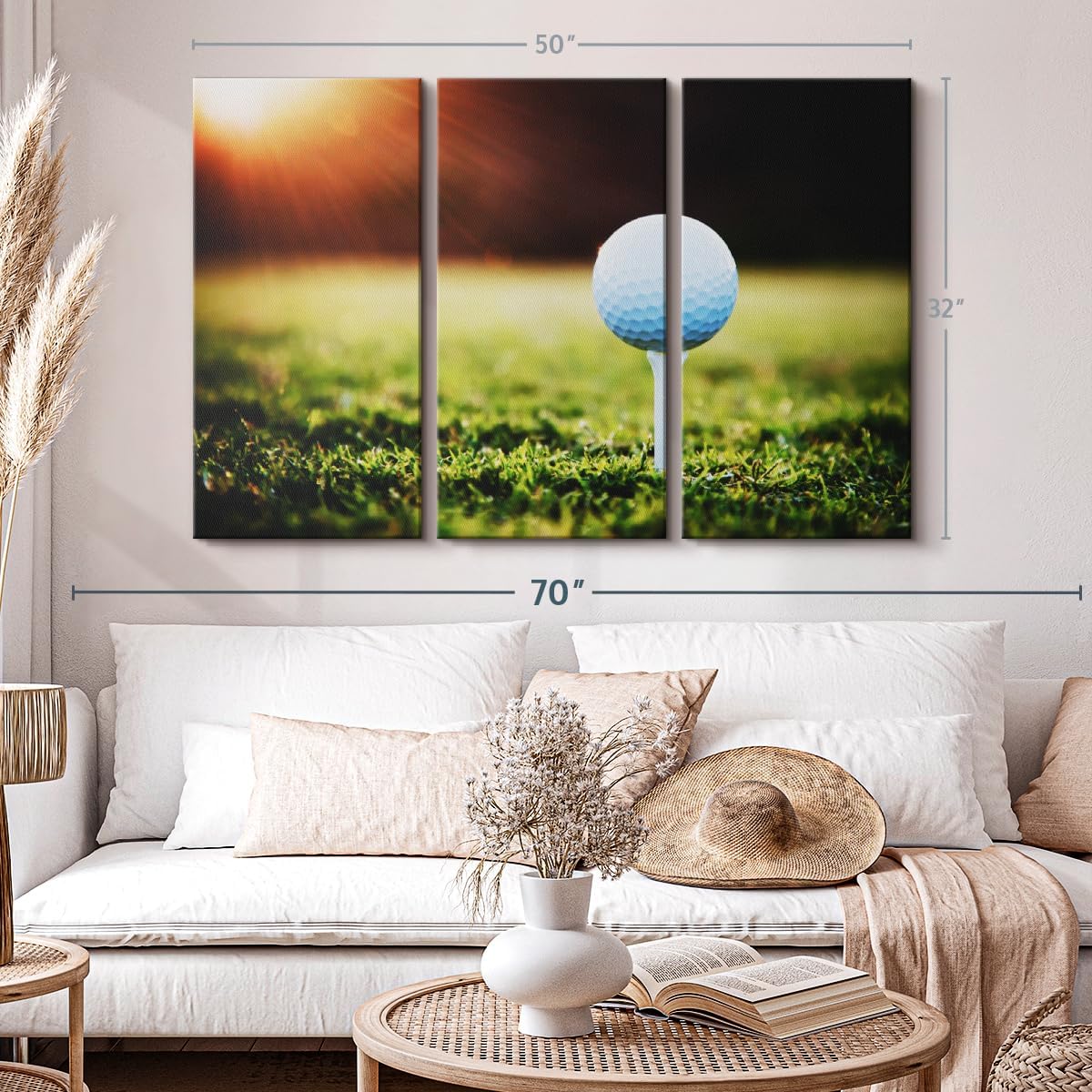 ElephantStock Golf Ball Tee Wall Art - Horizontal Canvas - 3-Piece Living Room Wall Decor - Photography Photographic Canvas Print - Black and White Decor for Wall - 50" X 32"