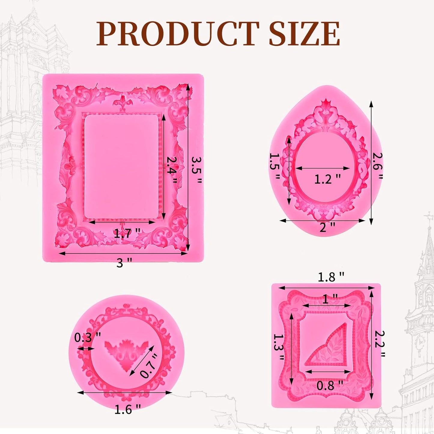 4 Pcs Photo Frame Silicone Molds, Vintage Picture Photo Frames Fondant Molds for Cupcake Topper, Chocolate, Candy, Donut Cake Puck Decoration and Clay Craft Making