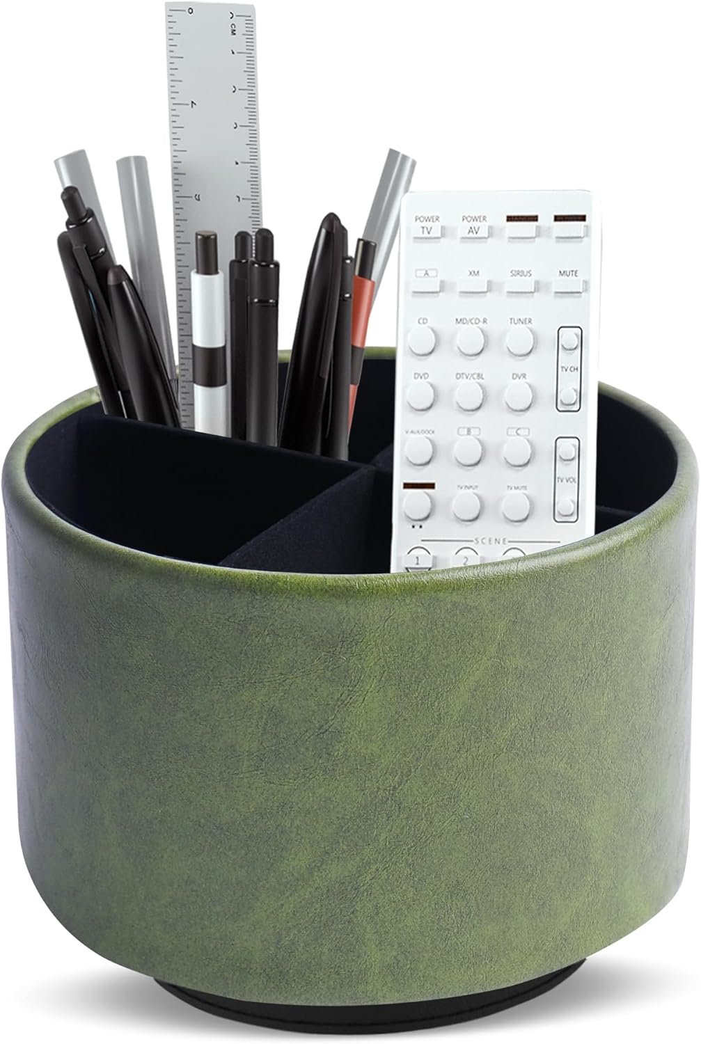 Hennaja Round Leather Art Supply Organizer,Remote Control Holder,360 Degree Spinning,Multi-Functional Pencil Holder,4 Compartments Desktop Stationary Organizer(1-Oil Bamboo)